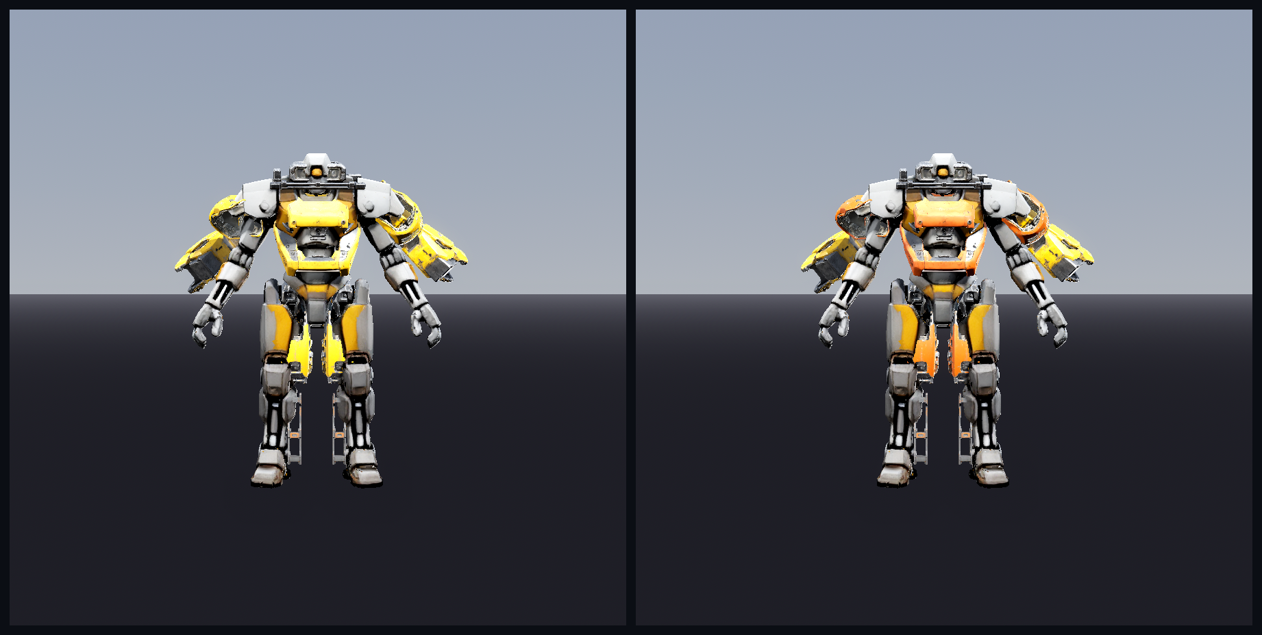 a01 v2 yellow (left) vs v3 rust-orange CPU-recolor (right)
