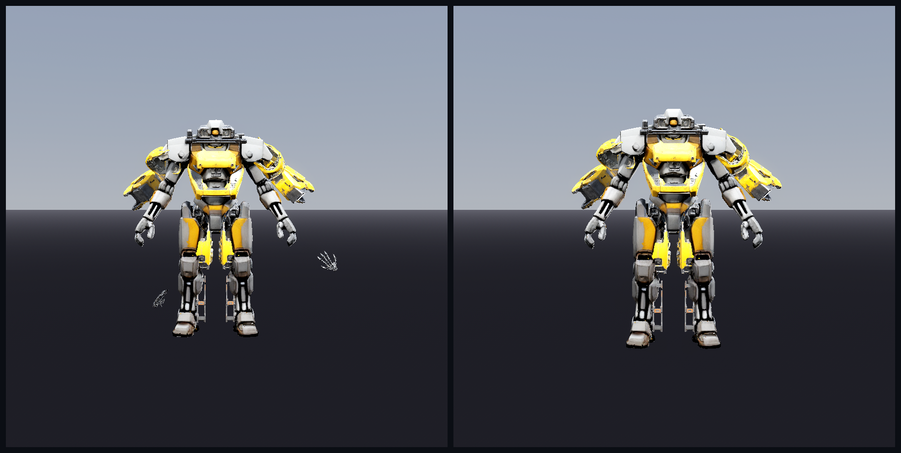 a01 component assembly: v1 with two floating hand-shell fragments (left) vs v2 defect cleared (right)
